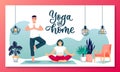 Man and woman doing yoga at home. Vector characters illustration. Healthy lifestyle and relaxing during self-isolation