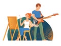 A man and a woman are drawing and playing the guitar Royalty Free Stock Photo