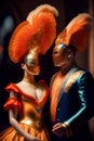 couple with orange carnival costume and masks in fancy party. Illustration. Generative ai