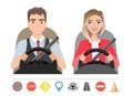 Man and woman driving a car. Silhouette of a woman and a man who sit behind the wheel Royalty Free Stock Photo