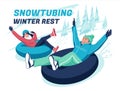 A man and a woman drove down the hills on snowtubes. Happy smiling. Winter sports and mountain resort concept. Cartoon flat vector