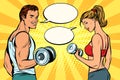 Man and woman with dumbbells, comic strip dialogue bubble