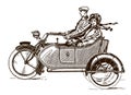 A Man and a woman from the early 20th century riding a classic motorcycle with sidecar, in side view