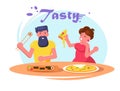 Man and woman eating pizza and sushi Vector. Cartoon. Isolated art on white background. Flat Royalty Free Stock Photo