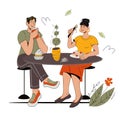 Man and woman eating together in restaurant or cafe, flat cartoon vector isolated Royalty Free Stock Photo