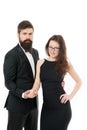 Man and woman elegant dressed ready for night out. Celebrate anniversary. Romantic couple wear formal clothes. Couple in Royalty Free Stock Photo