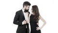 Man and woman elegant dressed ready for night out. Celebrate anniversary. Romantic couple wear formal clothes. Dinner at Royalty Free Stock Photo