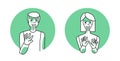 Man and woman with emotion of disgust circle icons, facial expression with hands. Disgusted people expressing their negative