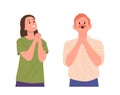 Man woman emotional believer cartoon characters praying with joyful expression vector illustration