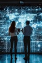 man and woman engineers standing by big screen with technology data, technicians team monitoring work with big digital