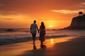 A man and a woman enjoy a romantic walk along the beach against a beautiful sunset backdrop, couple on the beach at sunset, AI Royalty Free Stock Photo