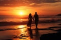 A man and a woman enjoy a romantic walk on the beach as the sun sets, couple on the beach at sunset, AI Generated Royalty Free Stock Photo