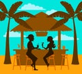 Man and woman enjoy summer vacation, drink cocktails at beach bar, silhouettes