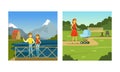 Man and Woman Enjoying Outdoor Walk Pushing Baby Carriage in the Park and Standing on Bridge Vector Set