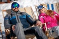 Man and woman enjoying together in sun at mountains Royalty Free Stock Photo