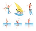 Man and Woman Enjoying Water Sport Activity Swimming, Diving and Windsurfing Vector Set