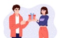 Man and woman exchanging gifts. Friends presenting gifts and wish each other merry christmas. Flat hand-drawn characters