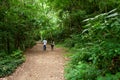 Man and woman exercising doing mountain trekking on one of the paths of Sabas Nieves, a place well known by visitors to the Avila