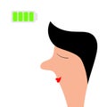 Man woman face profile. Green high full battery icon. Life energy. Charge indicator. Cute cartoon funny character. Happy male Royalty Free Stock Photo
