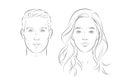 Man and woman faces. Heads face. Portrait of young beautiful girl, boy. Vector line sketch illustration. Royalty Free Stock Photo