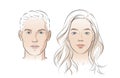 Man and woman faces. Heads face. Portrait of young beautiful girl, boy. Vector line sketch illustration. Royalty Free Stock Photo