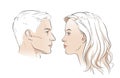 Man and woman faces. Heads face. Portrait of young beautiful girl, boy. Vector line sketch illustration. Royalty Free Stock Photo