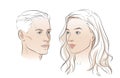 Man and woman faces. Heads face. Portrait of young beautiful girl, boy. Vector line sketch illustration. Royalty Free Stock Photo