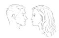 Man and woman faces. Heads face. Portrait of young beautiful girl, boy. Vector line sketch illustration. Royalty Free Stock Photo