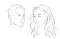 Man and woman faces. Heads face. Portrait of young beautiful girl, boy. Vector line sketch illustration. Royalty Free Stock Photo