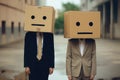 Man and woman with cardboard boxes on head. Generative AI