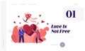 Man and Woman Fall in Love Website Landing Page. Young Couple Share Huge Red Heart Pierced with Arrow