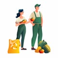 man woman farmers sellers offering fruits and vegetables organic natural food eco local grown products full length