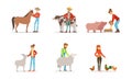 Man and Woman Farmers Taking Care About Domestic Animals on the Farm Vector Illustrations Set. Royalty Free Stock Photo