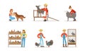 Man and Woman Farmers Taking Care About Domestic Animals on the Farm Vector Illustrations Set.