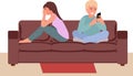 Man and woman fell out of love not talking. Boyfriend and girlfriend in quarrel. Boy using smartphone. Separation of