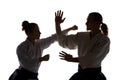 Man and woman fighting at Aikido training in martial arts school Royalty Free Stock Photo
