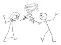 Man and Woman Fighting with Swords, Relationship Problem. Vector Cartoon Stick Figure Illustration Royalty Free Stock Photo