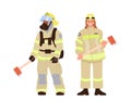 Man woman firefighters cartoon characters wearing protective uniform holding axe isolated on white Royalty Free Stock Photo