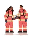 man woman firefighters in uniform emergency service happy labor day celebration concept vertical full length