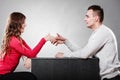 Man and woman first date. Handshake greeting. Royalty Free Stock Photo