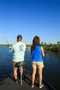 Man and Woman Large Mouth Bass Fishing in Boat