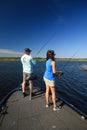 Man and Woman Large Mouth Bass Fishing in Boat