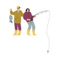 Man and Woman Fishing with Rod on Lake Vector Illustration Royalty Free Stock Photo