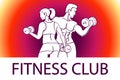 Man and woman Fitness template. Gym club logotype. Sport Fitness club creative concept. Bodybuilder and woman Fitness Model Illust