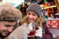 Man and Woman flirt on the Christmas Market Royalty Free Stock Photo