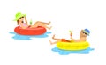 Man and woman floating on inflatable inner rings, mattress, tubes