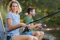 man and woman fly fishing in river Royalty Free Stock Photo