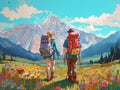 woman hike man sky nature camping tent relaxation illustration forest couple vacation. Generative AI.