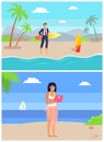 Man and Woman Freelancer Standing on Beach Vector