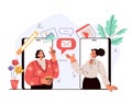 Man woman friends characters texting message and having dialog by smartphone concept. Vector flat cartoon modern style graphic ill